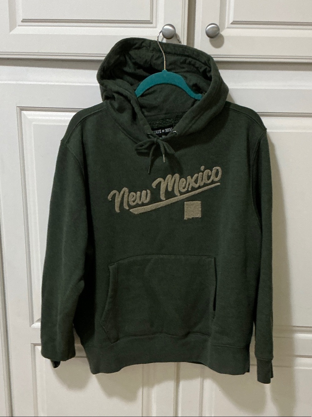 State of Mind Dark Green New Mexico Hoodie with Tan embroidered Script